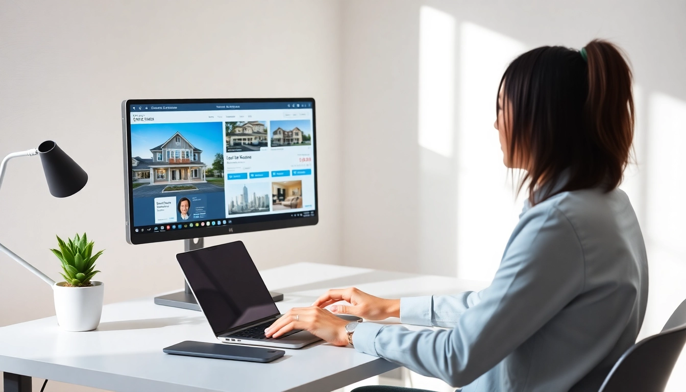 Real estate virtual assistant lead generation tasks at a modern workspace with dual screens.