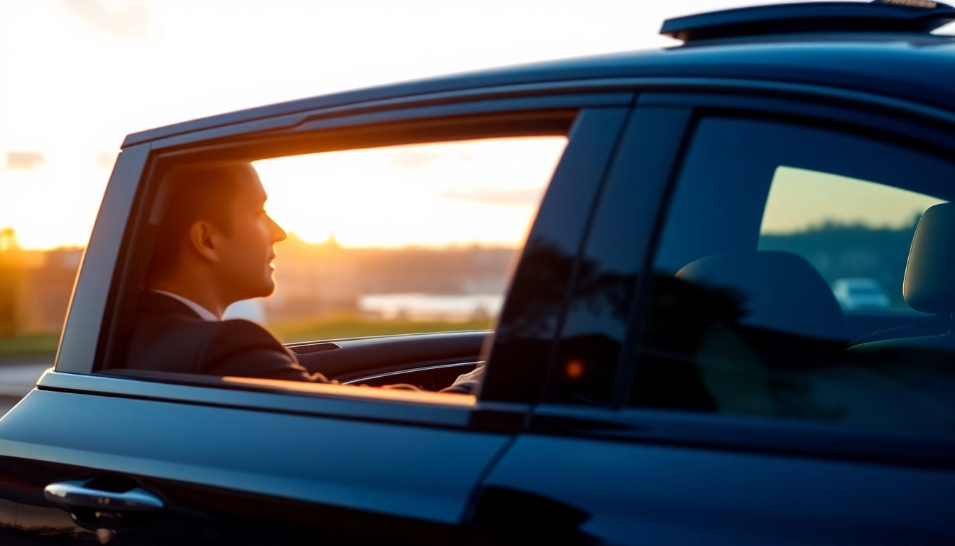 Professional driver hire Glasgow with a chauffeur assisting a client in a luxury car against a Glasgow skyline.