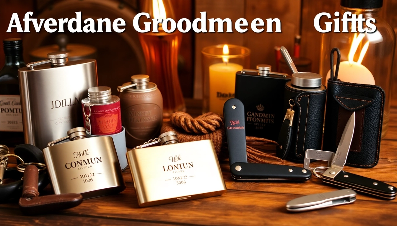 Explore cheap groomsmen gifts like personalized flasks and keychains arranged in a rustic setting.