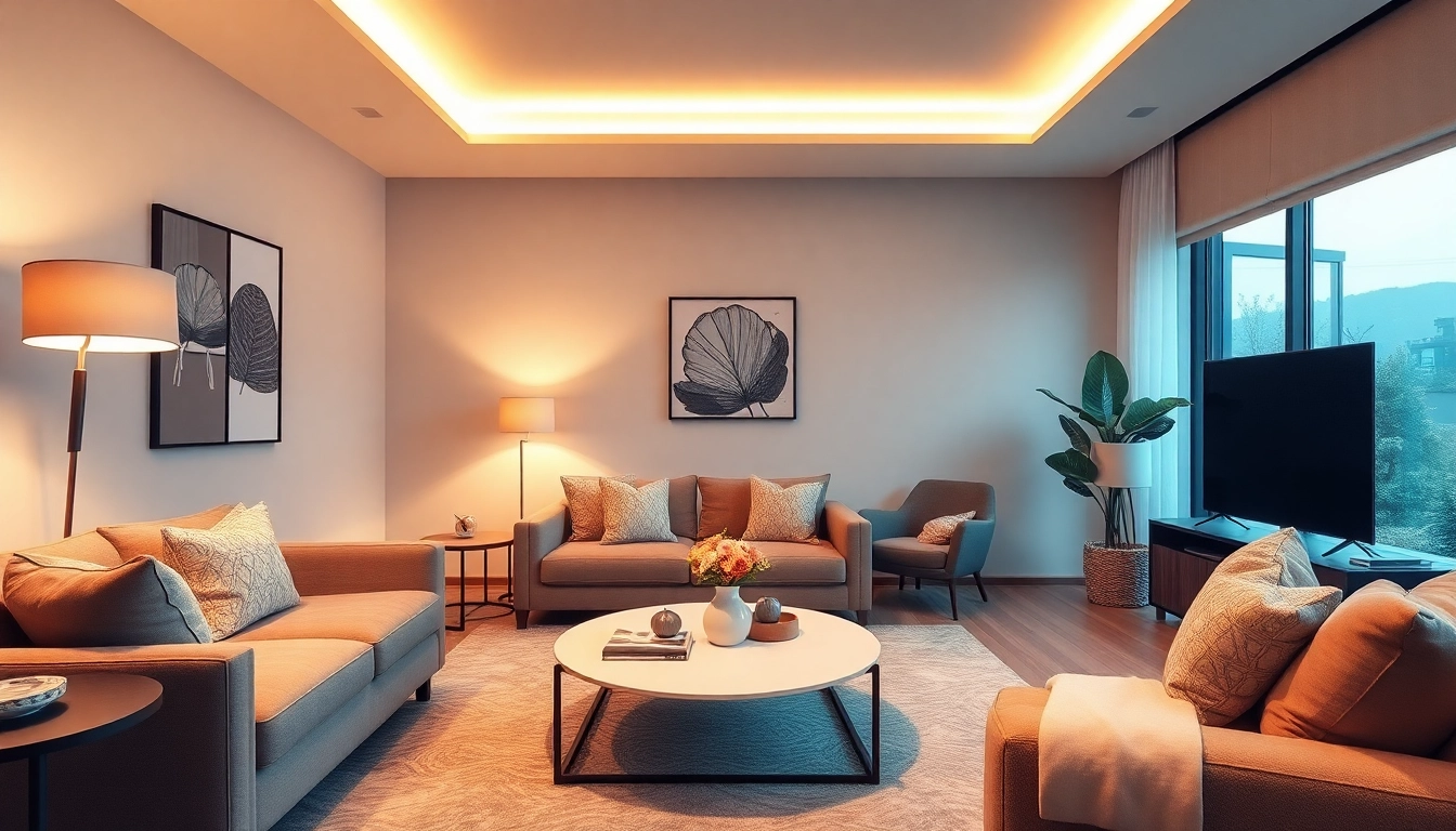 Showcasing the entire interior of a stylish living room with elegant decor and warm lighting.