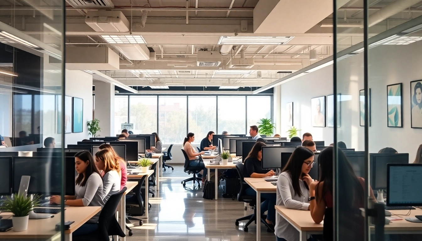 Professional agents collaborating in a call center in Tijuana, demonstrating teamwork and modern workspace.