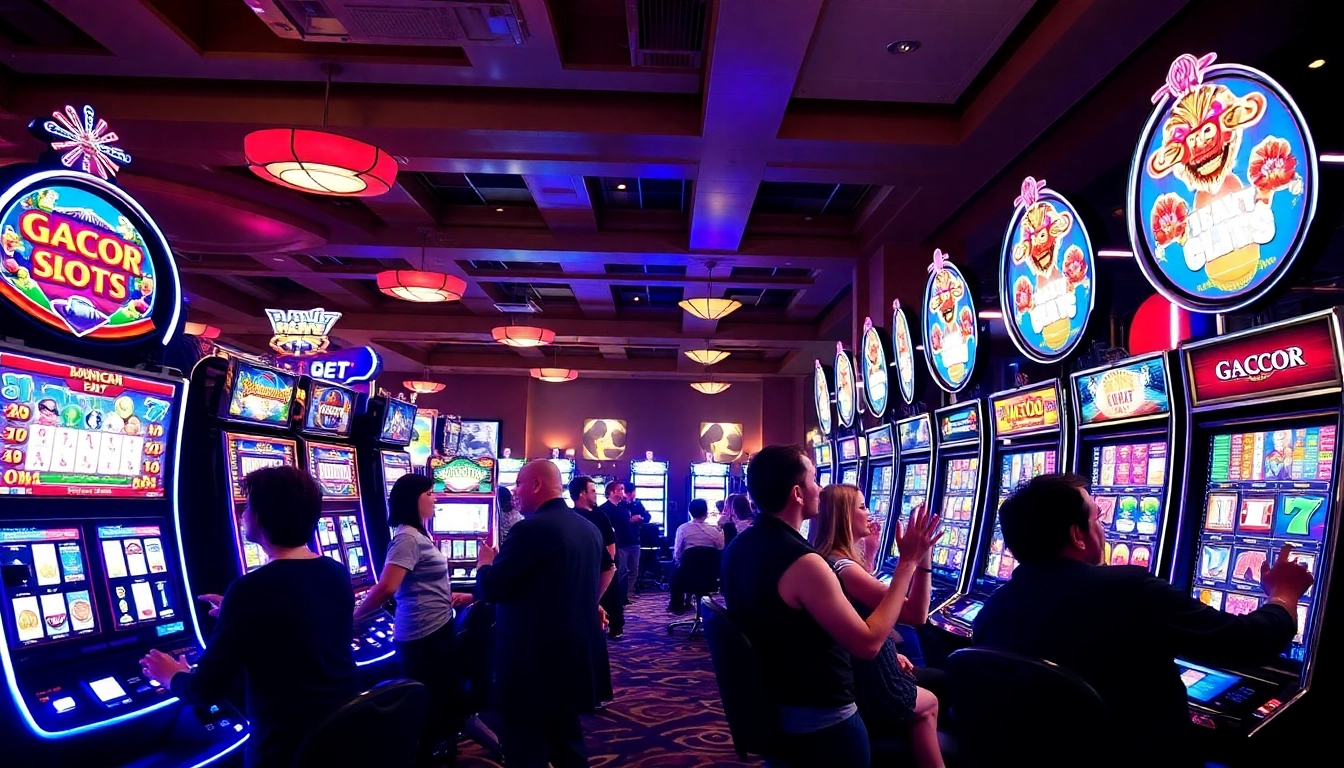 Players engaging with slot gacor machines in a lively casino environment, showcasing excitement and colorful displays.