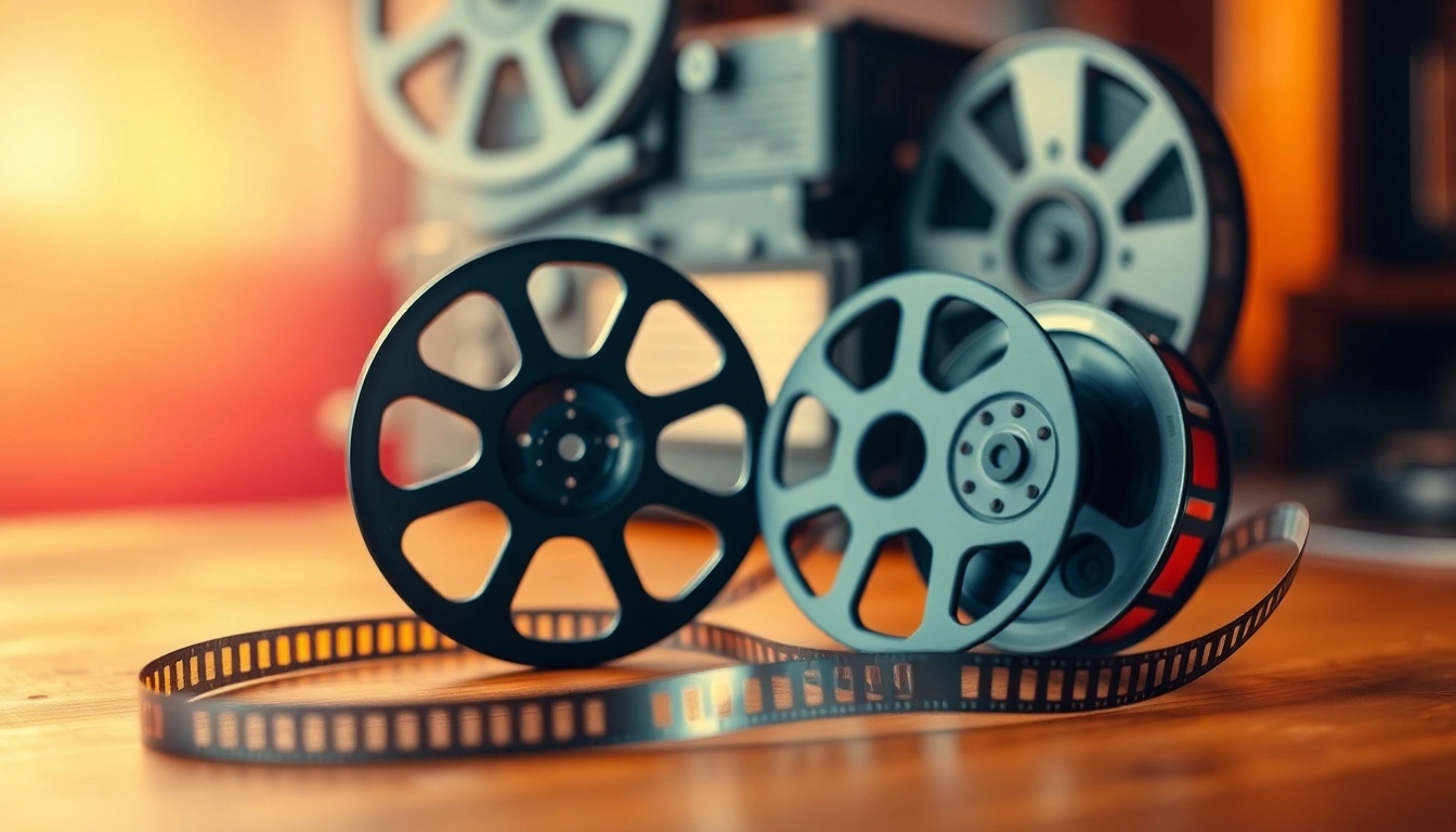 Showcasing iconic public domain films, a vintage film reel with an antique projector, capturing cinematic history.