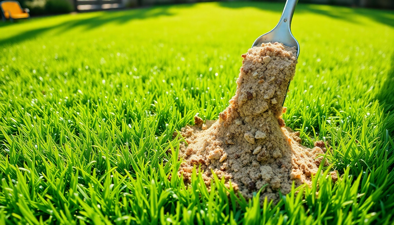 Lawn top dressing process visibly enhancing green grass with nutrient-rich compost mix.