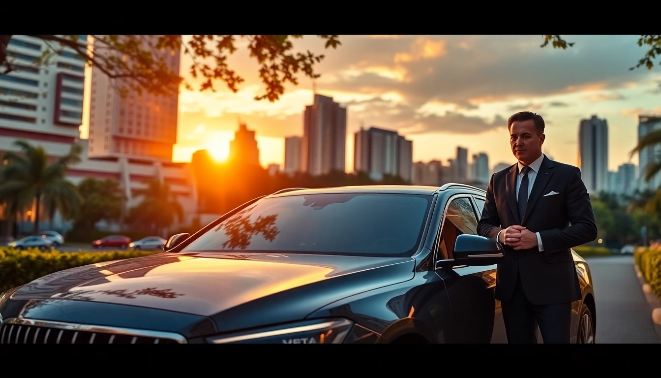 Experience professional chauffeur hire Manila with a luxurious vehicle and a professional driver against a vibrant city backdrop.