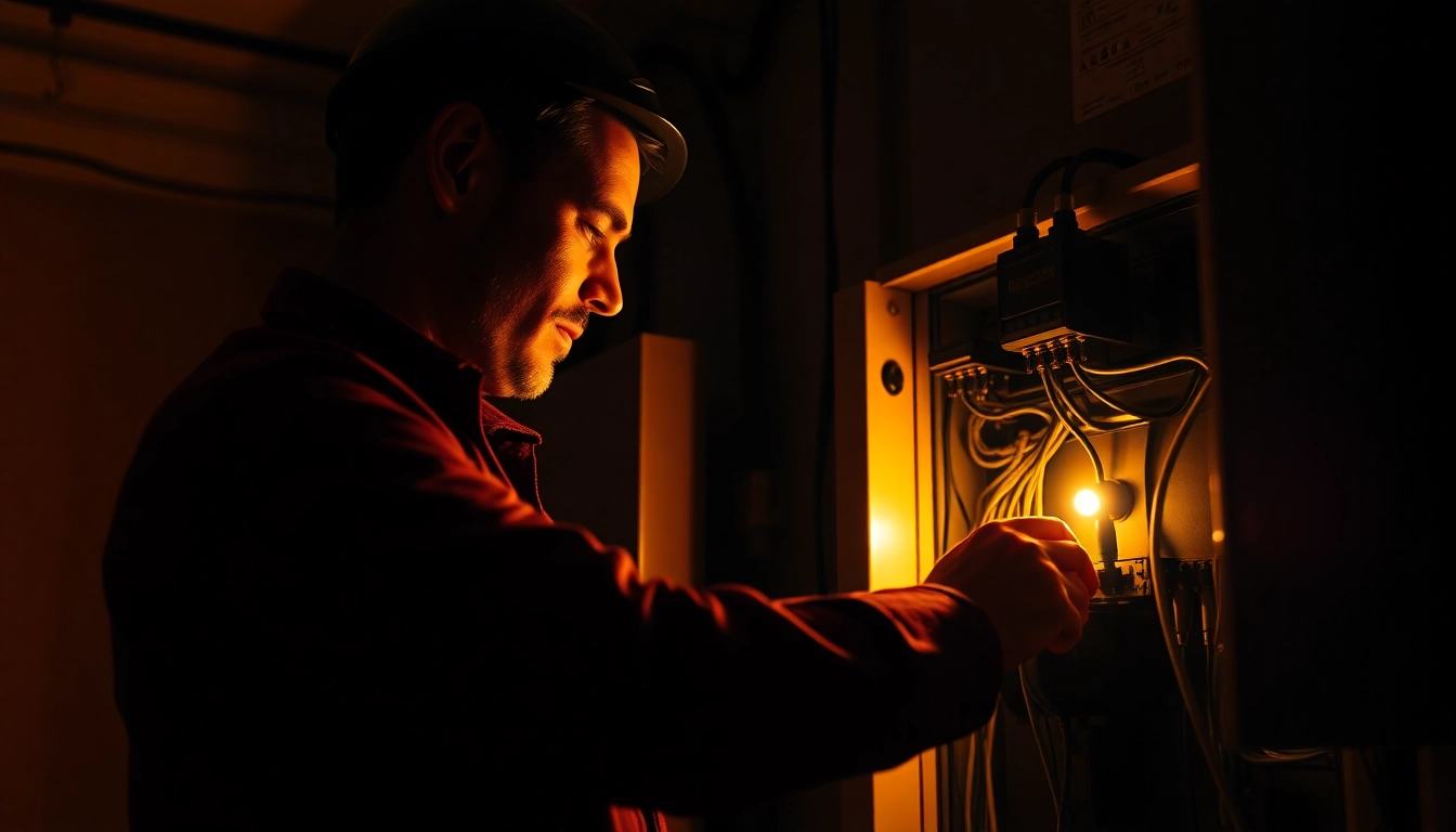 Electrician Notdienst assisting in a dimly lit space, demonstrating skilled emergency electrical repair.