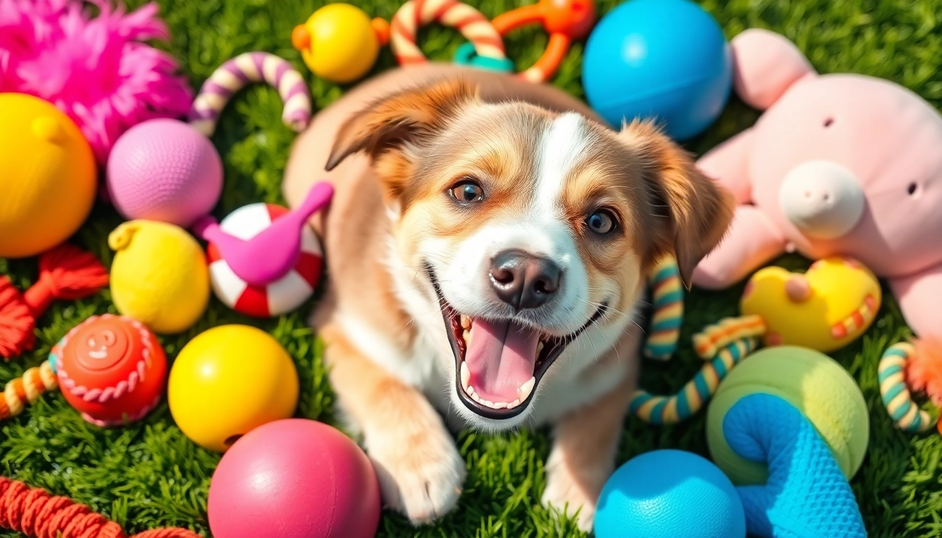 Engaging dogs with diverse pet toys like plushies, ropes, and balls in bright colors.