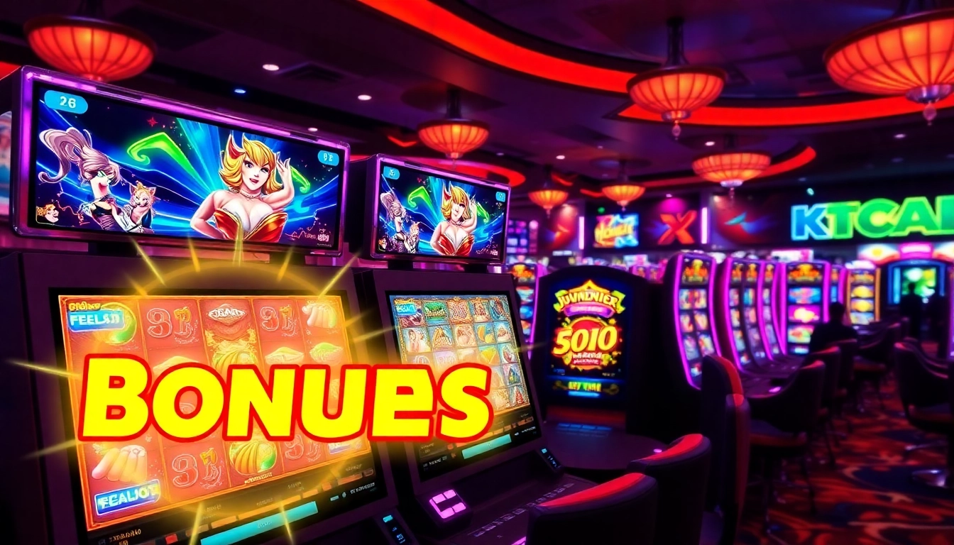 Players celebrating สปินฟรี bonuses at digital slot machines in a lively casino atmosphere.