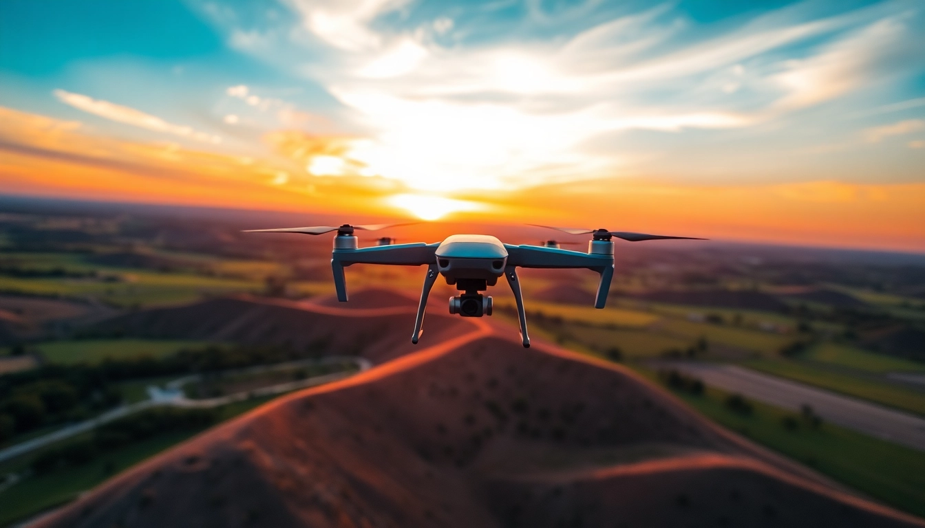 Showcase of drone photography editing featuring a vivid sunset aerial view captured by a drone.