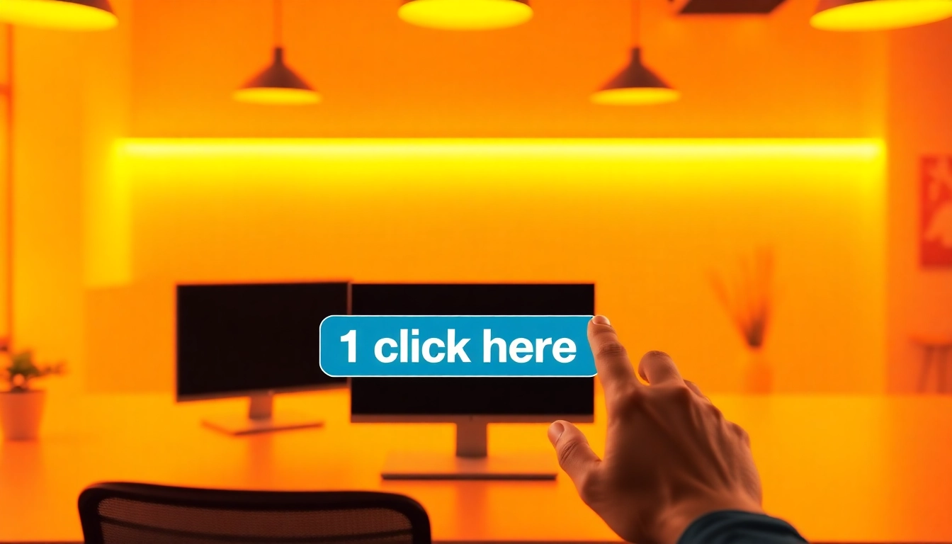 Clicking the '1click here' button in a bright digital workspace to access more content.