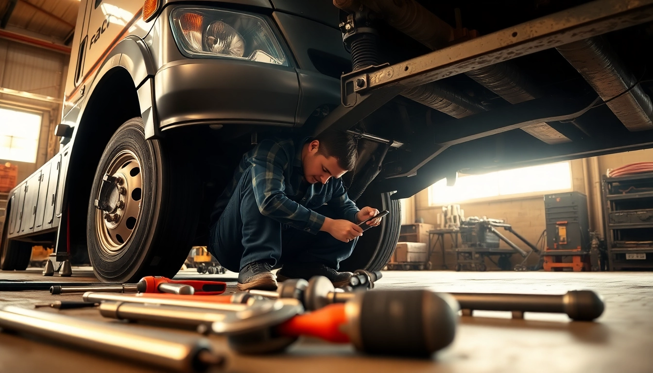 Emergency roadside diesel engine repair near me with a skilled mechanic attending to a truck's engine.