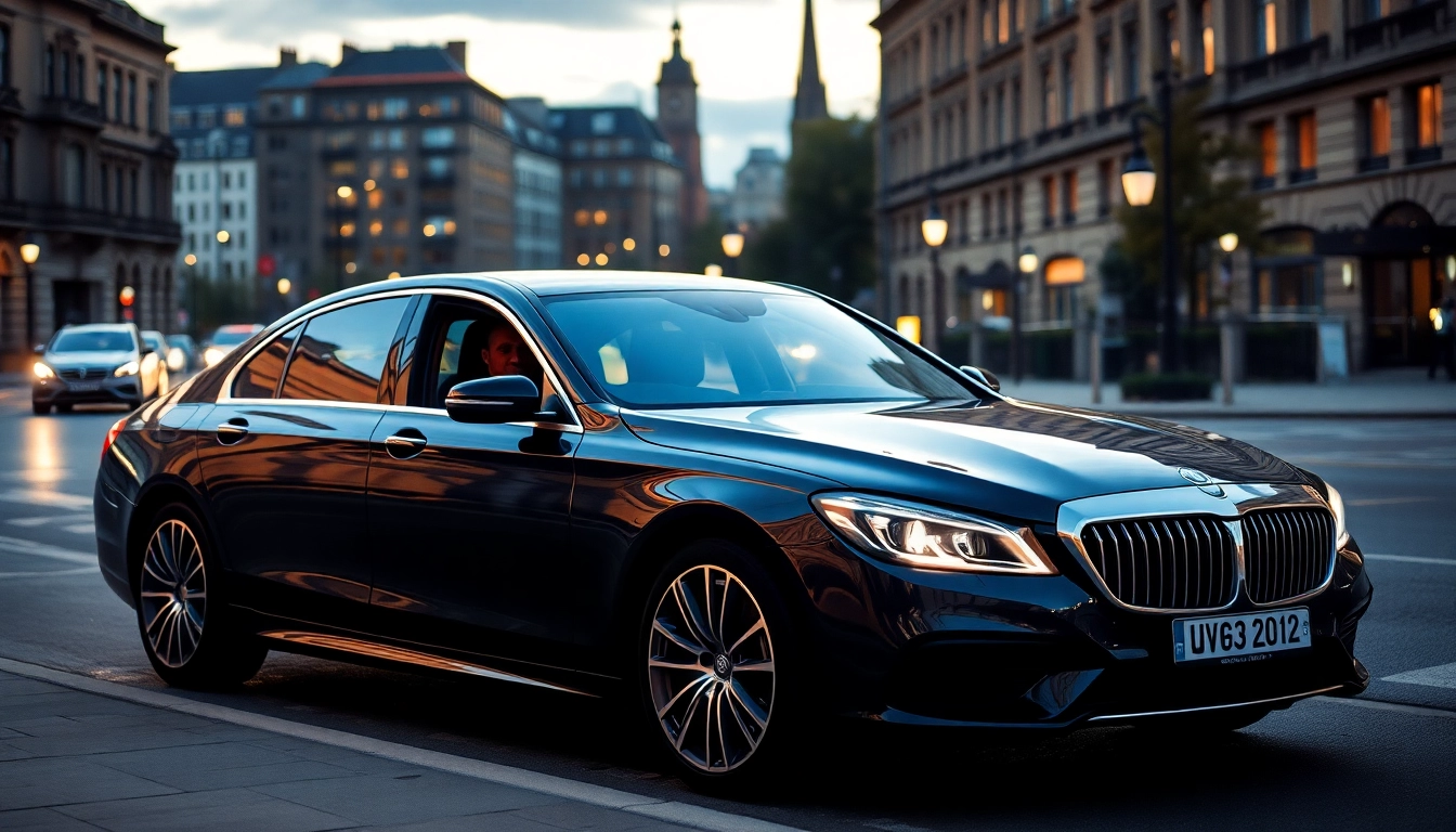 Experience professional driver hire Glasgow in a luxury sedan against a stunning city backdrop.