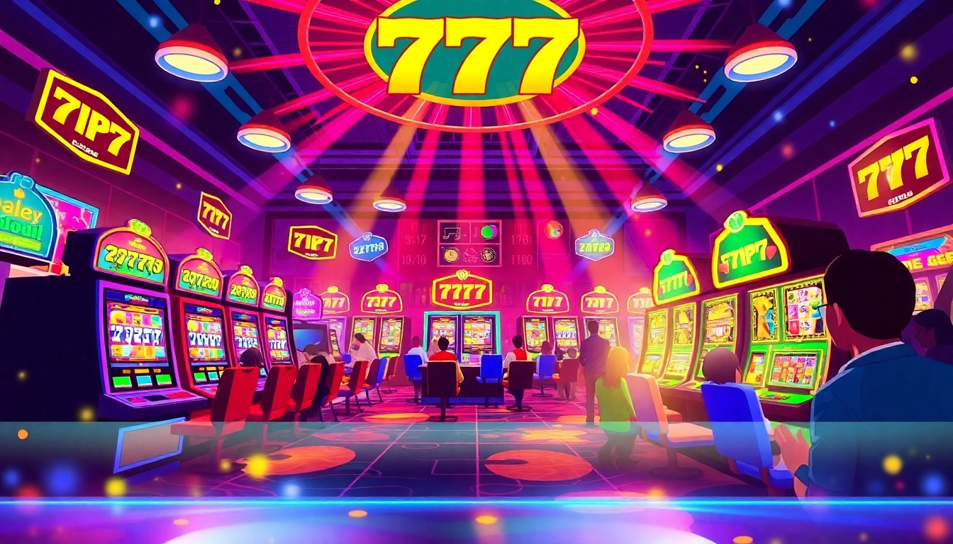 Engaging players enjoying สล็อต777 on vibrant slot machines in a lively casino setting.