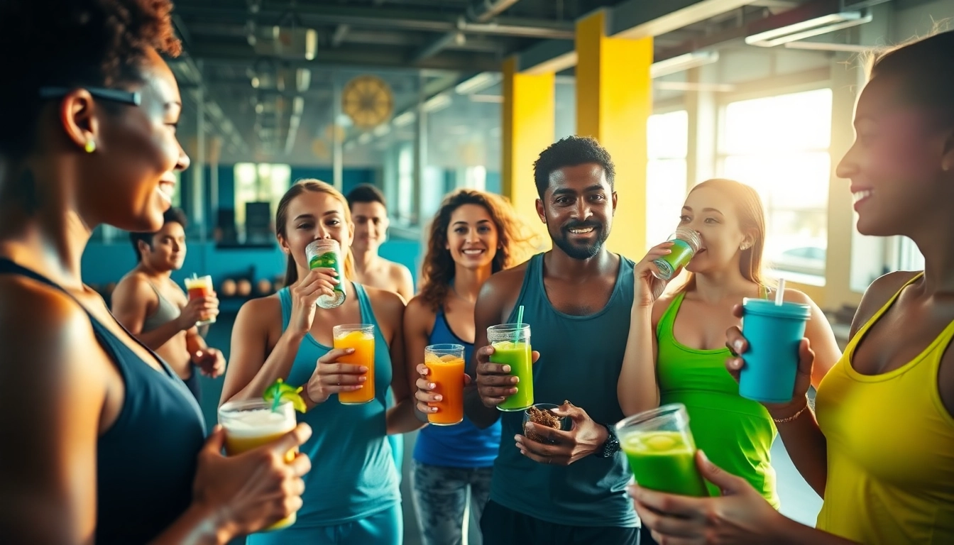 Postworkout recovery scene with individuals enjoying nutritious snacks and hydration in a gym.