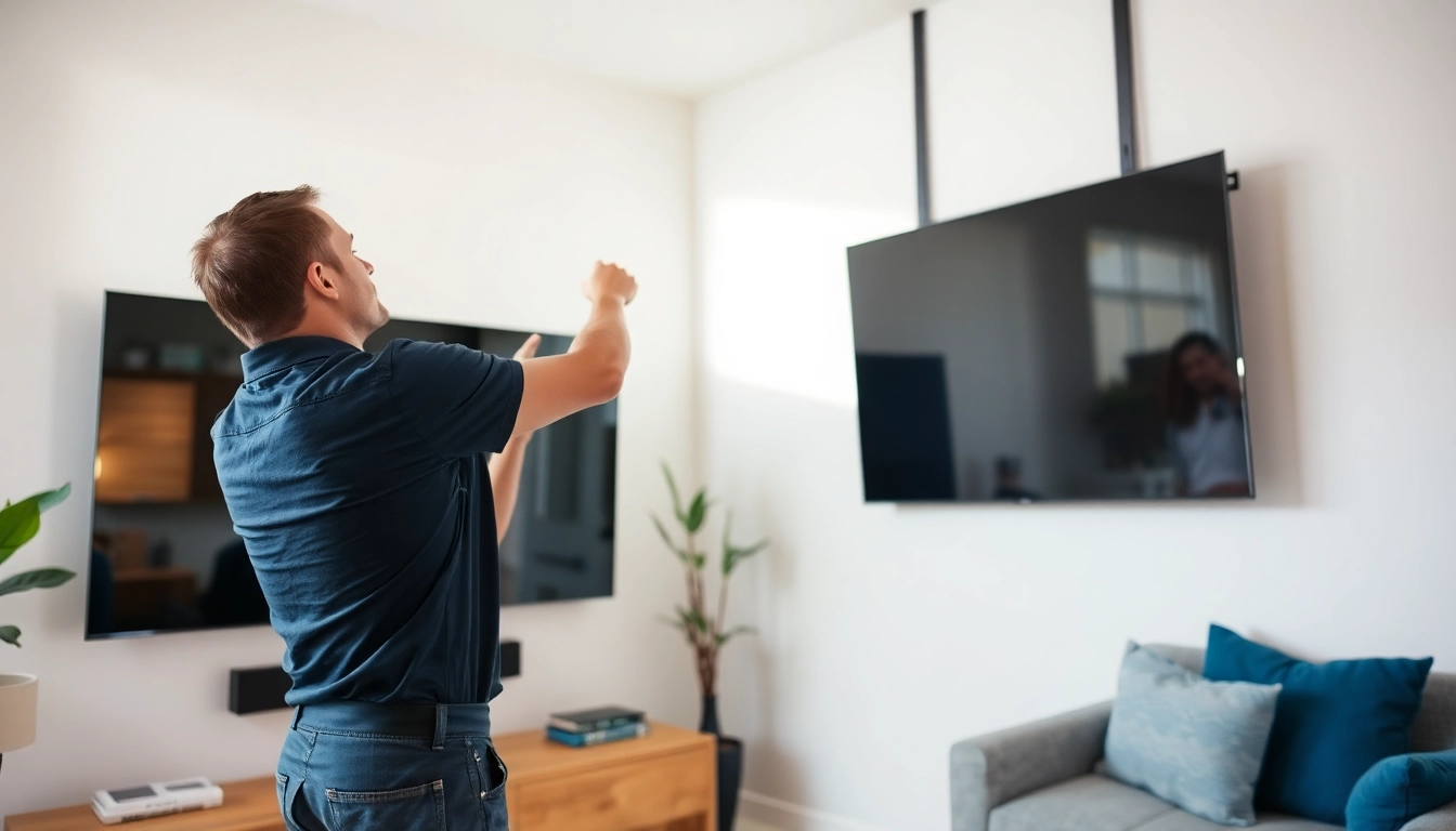 Experienced technician providing a TV mounting installation service on a stylish wall for a seamless viewing experience.