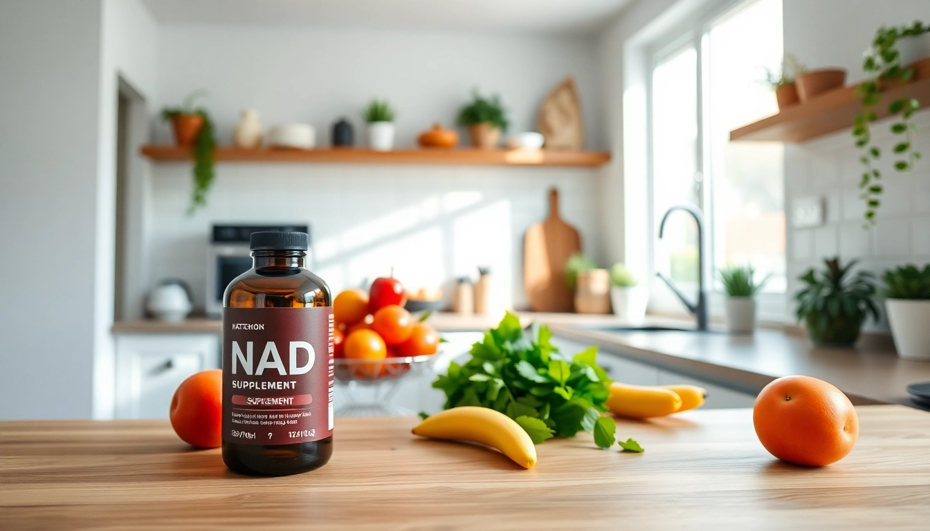 Improve health with a bottle of NAD Supplement sitting among fresh fruits and greens in a bright kitchen.