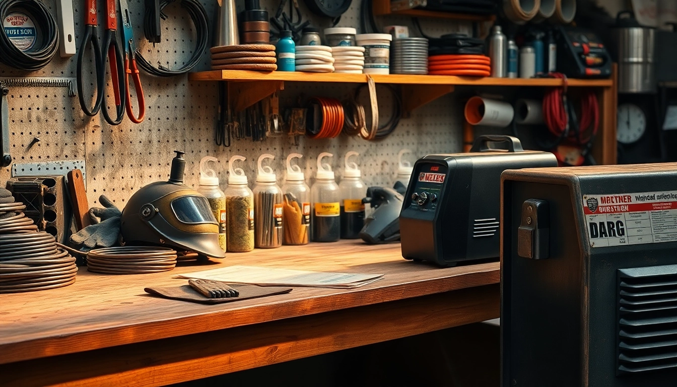 Showcase diverse welding supplies including helmets and gloves arranged neatly on a workbench.