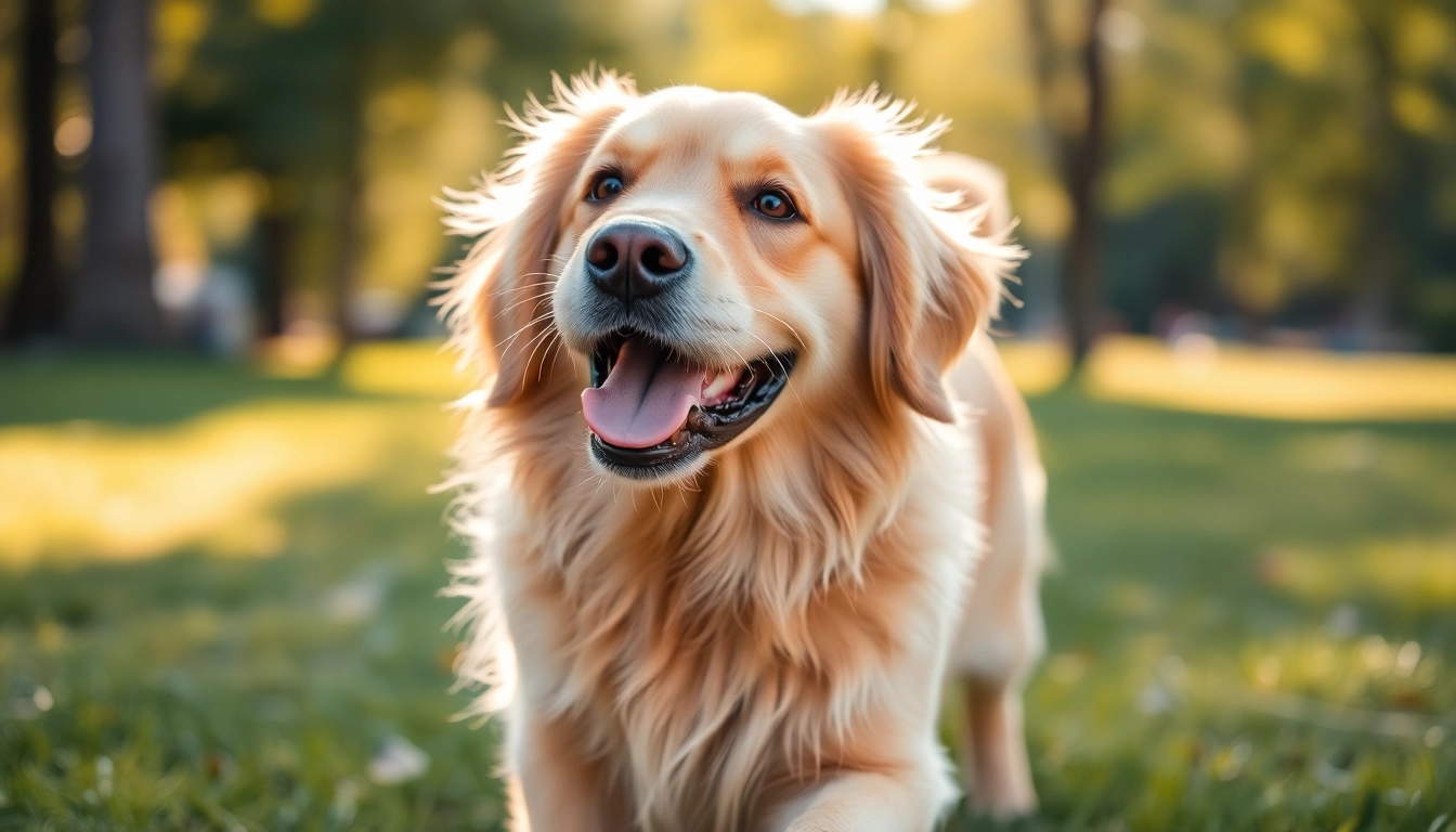 Kate's K9 Pet Care offers a joyful golden retriever playing in a sunny park filled with vibrant greenery.