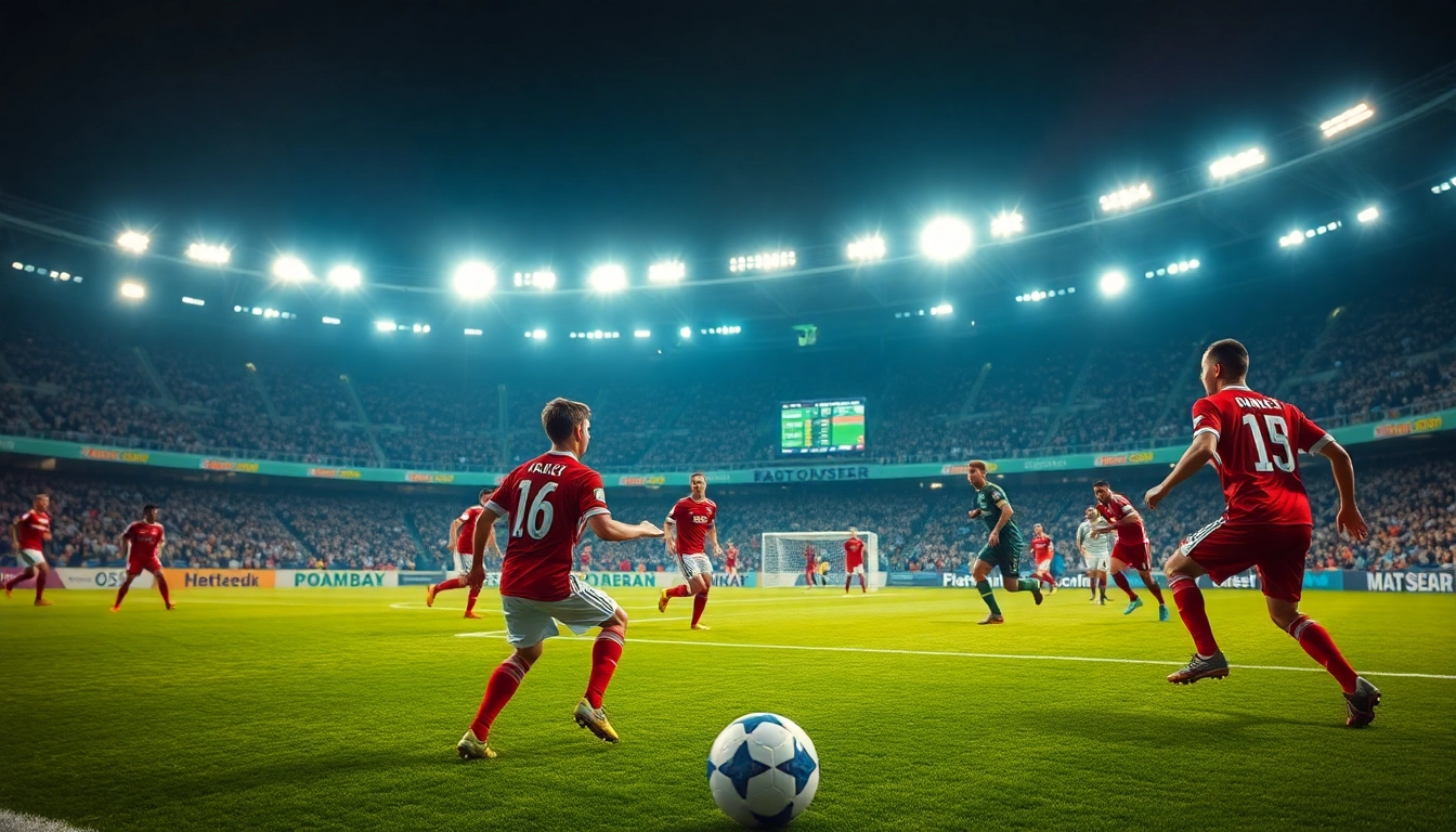 Soccer players in action showcasing ราคาบอล trends on a live scoreboard during an exciting match.