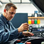 Technician checks vehicle components while preparing to import transmission fluid in a workshop.