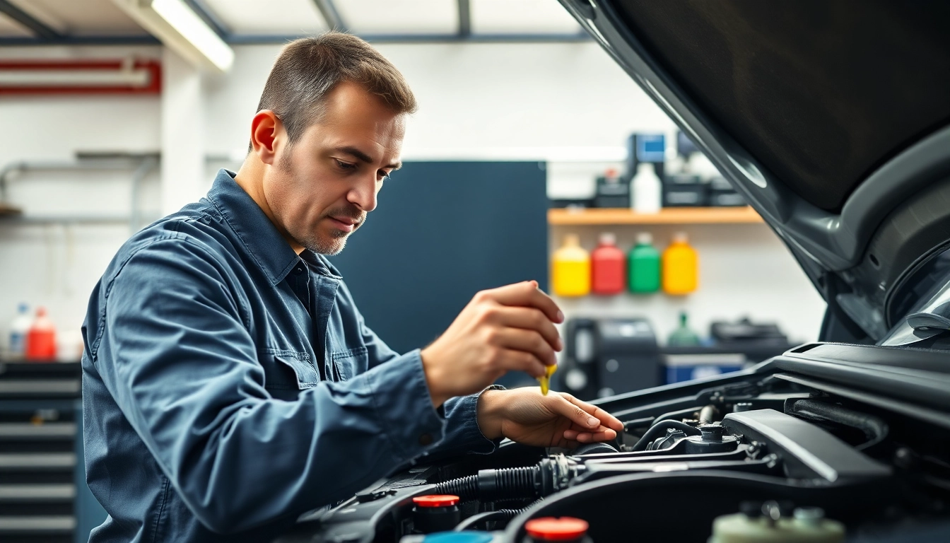 Technician checks vehicle components while preparing to import transmission fluid in a workshop.