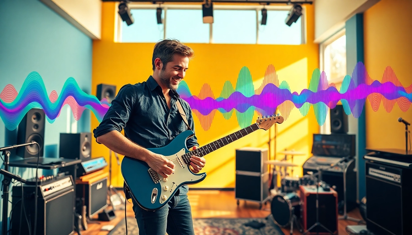 Capturing Streaming Success, a musician passionately performing in a vibrant studio.