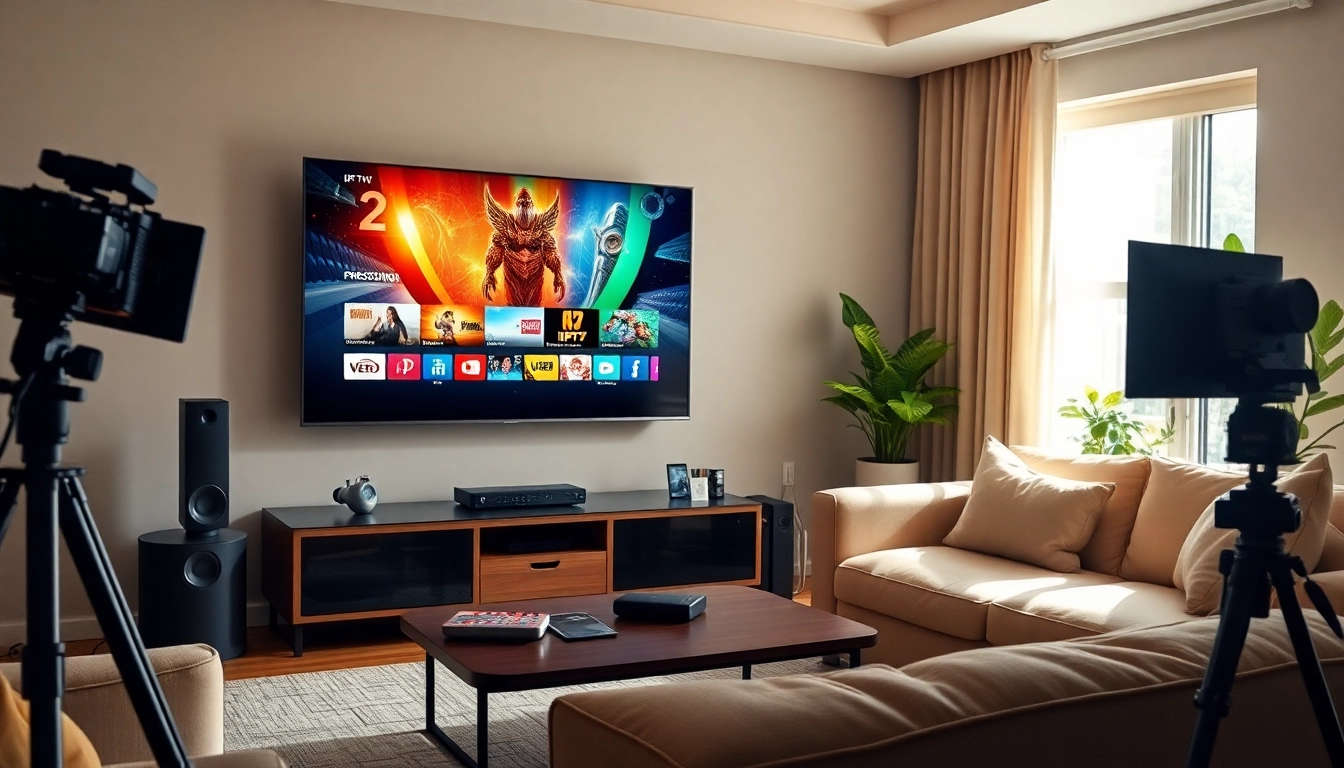 Engage with a free trial IPTV subscription experience in a stylish living room setup.