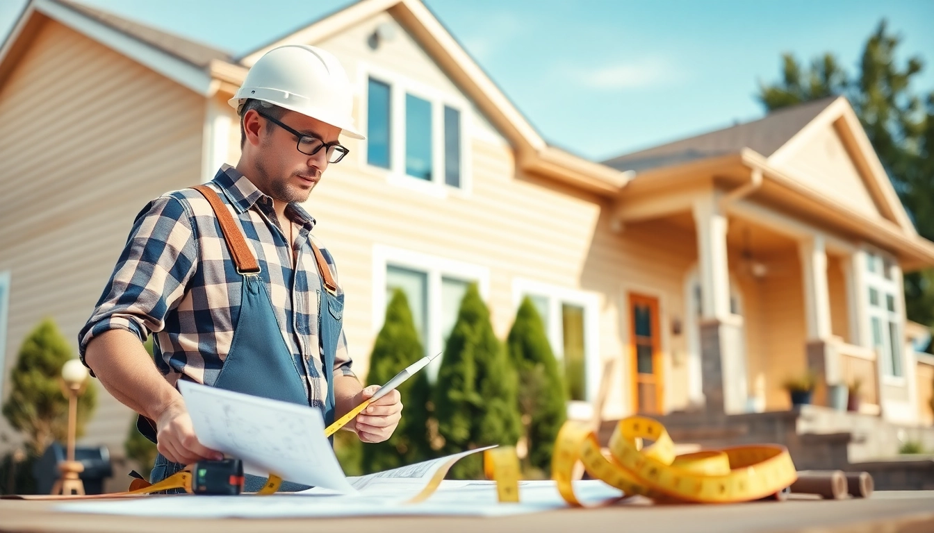 Expert exterior renovation contractor assessing a home's facade with design plans and tools.