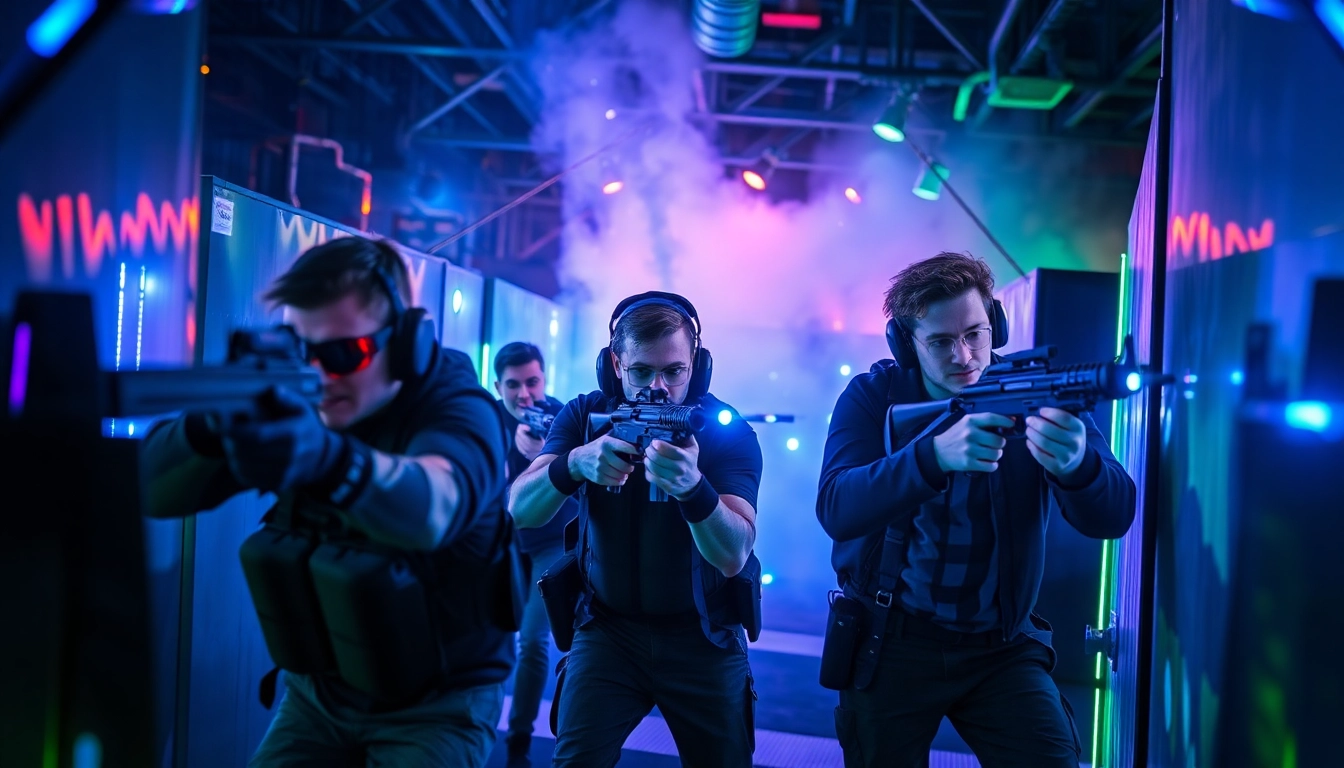 Engaged players in action at a laser tag arena, showcasing vibrant colors and energetic gameplay.