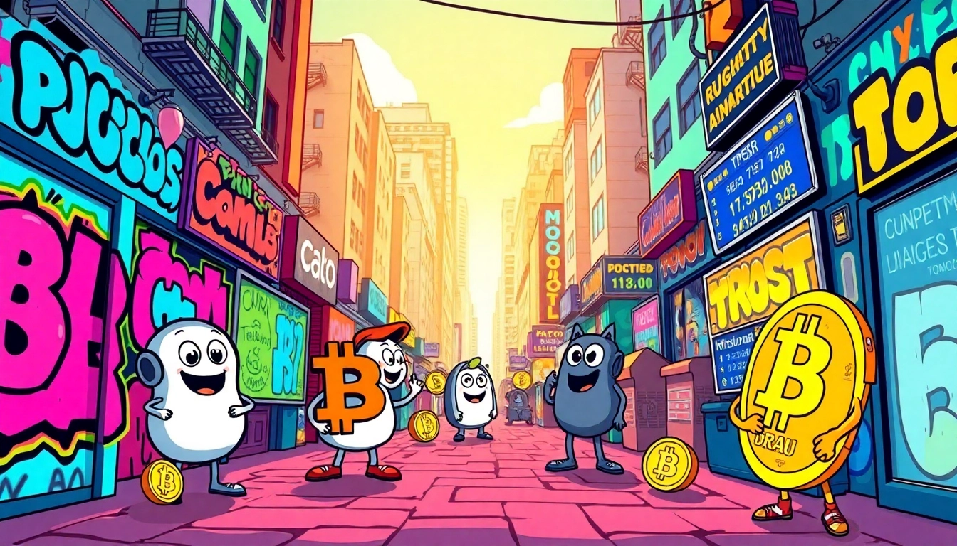 Cheerful vintage meme crypto characters trading in a vibrant marketplace.