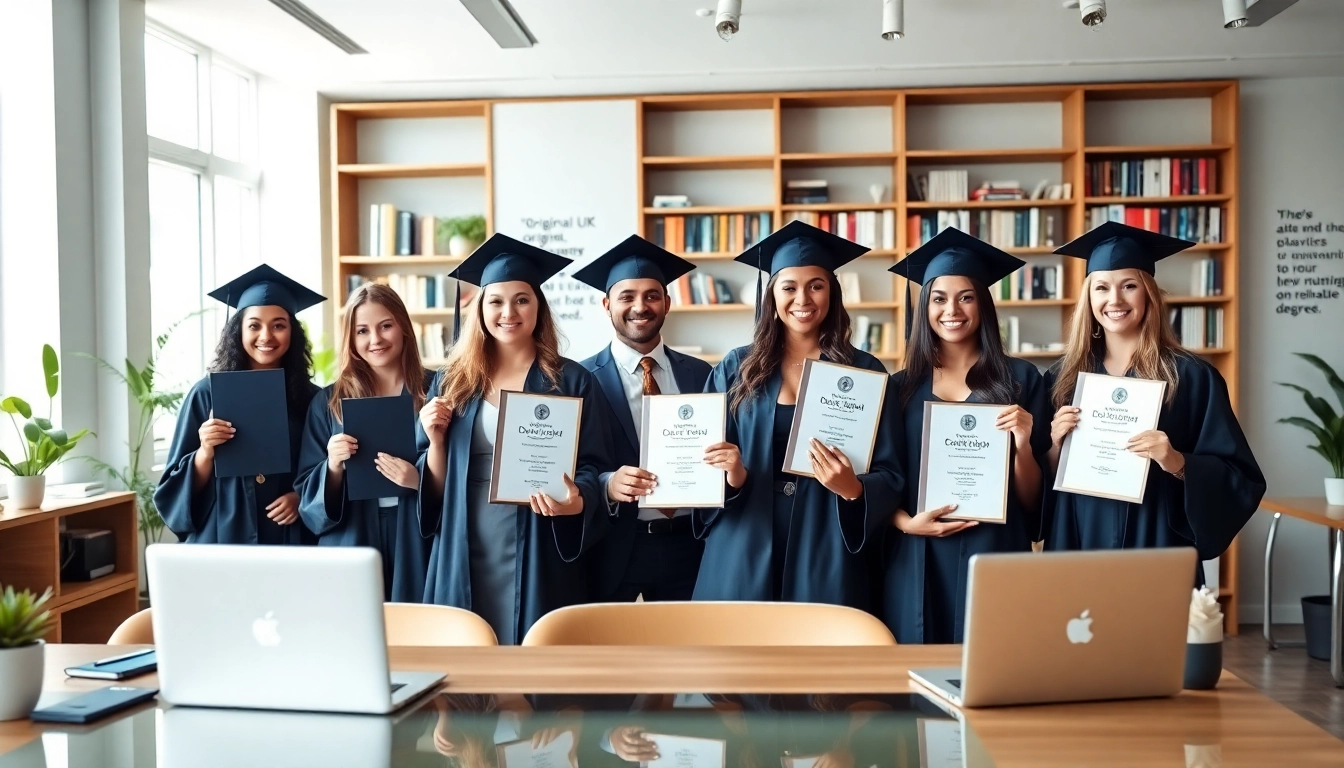 Graduates displaying their original UK degree in a bright office environment, symbolizing success and education.