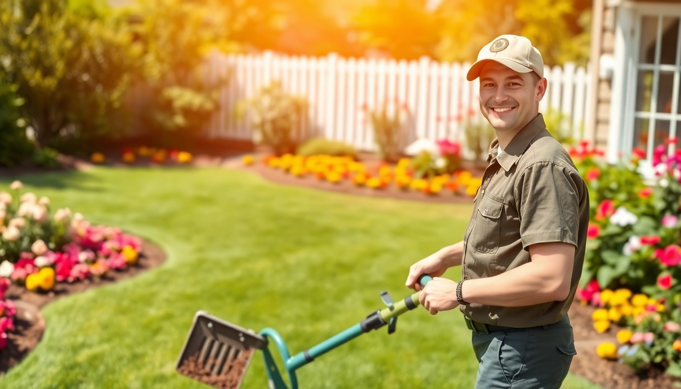 Efficient dog poop cleanup service depicted with a professional scooper in a vibrant garden.