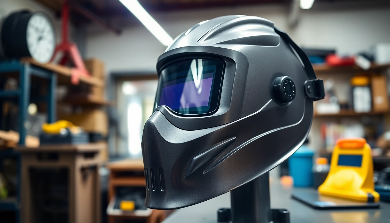 Showcasing a welding mask with advanced design features in a professional workshop.