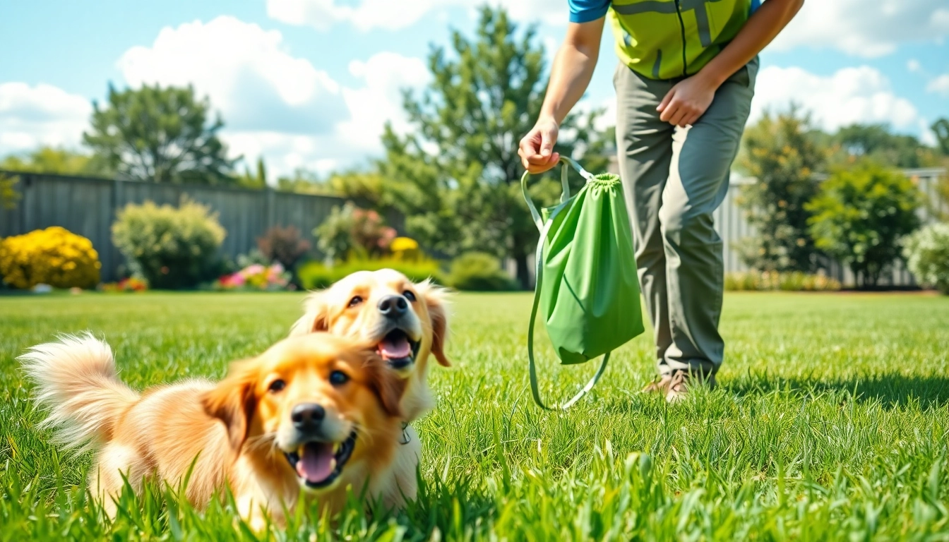 Dog clean up service in action, technician collecting waste in a vibrant yard with a happy dog.
