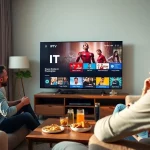 Explore IPTV Subscription USA options through a modern TV setup in a vibrant living room.
