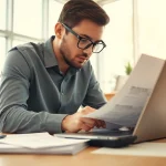 Accountant performing an impairment test with financial documents and a laptop in a bright office.