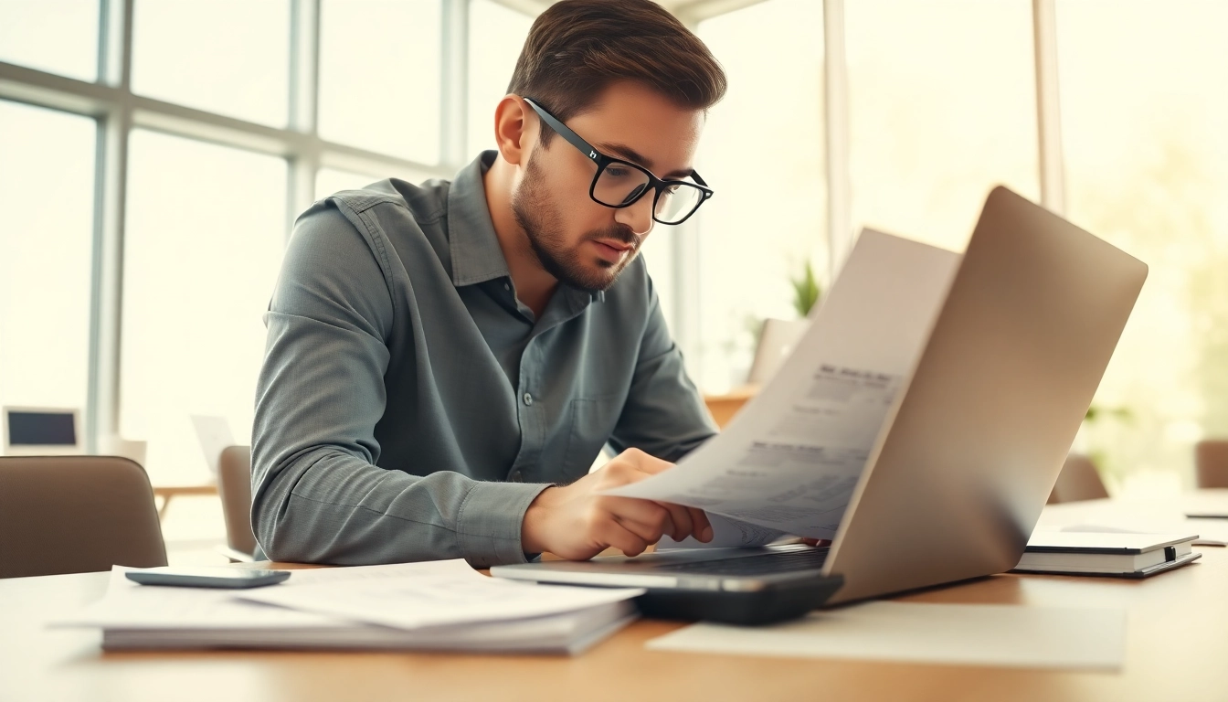 Accountant performing an impairment test with financial documents and a laptop in a bright office.