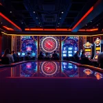 Engaging scene of a singapore casino online with players at poker tables showcasing excitement in gaming.