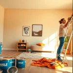 Skilled painter executing interior painting with vivid colors in a stylish living room.