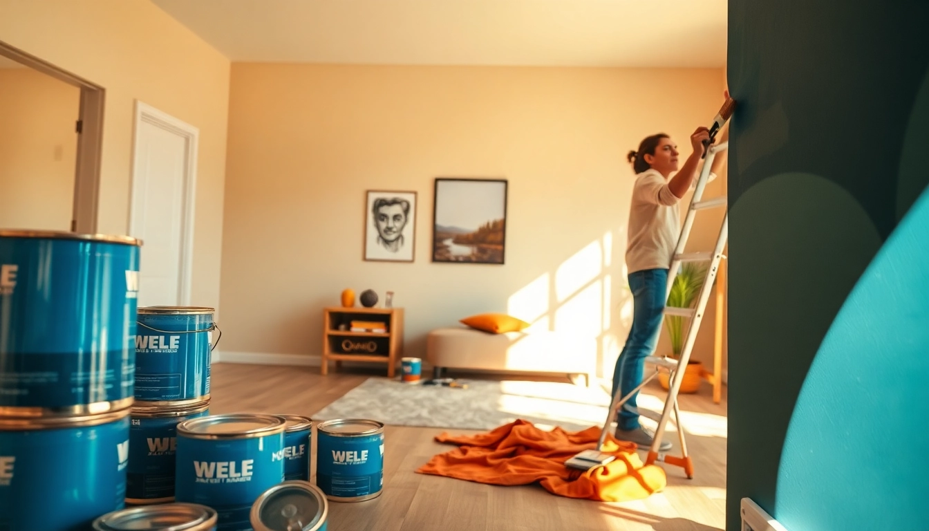 Skilled painter executing interior painting with vivid colors in a stylish living room.