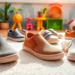 Präsentation minimalistische Kinderschuhe mit flexiblen Materialien in einem bunten Umfeld.