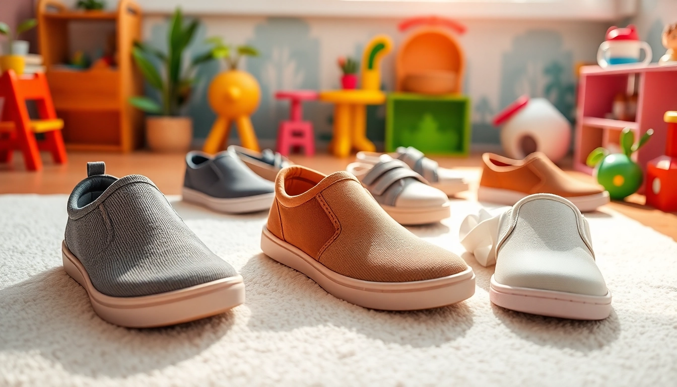 Präsentation minimalistische Kinderschuhe mit flexiblen Materialien in einem bunten Umfeld.