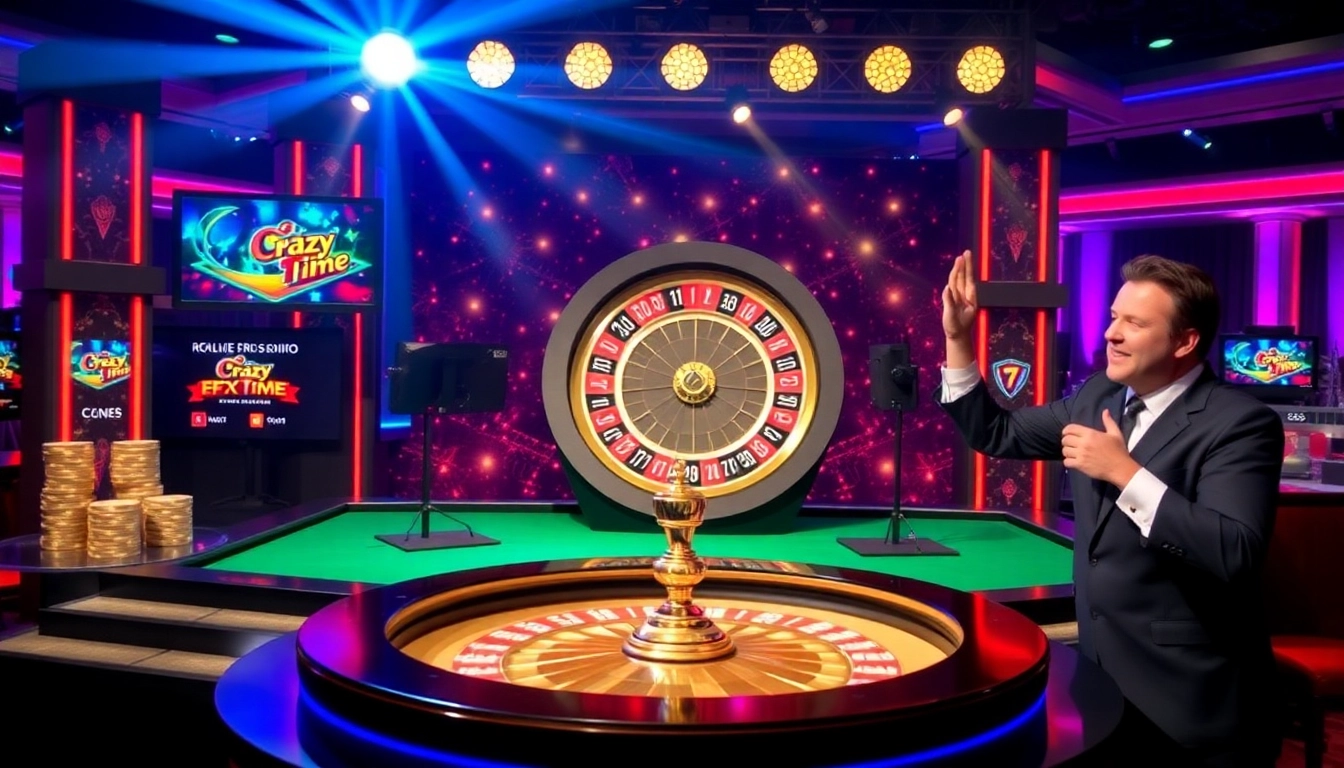 Experience the thrilling action of Crazy Time Italia at a live casino with vibrant roulette wheel and host.