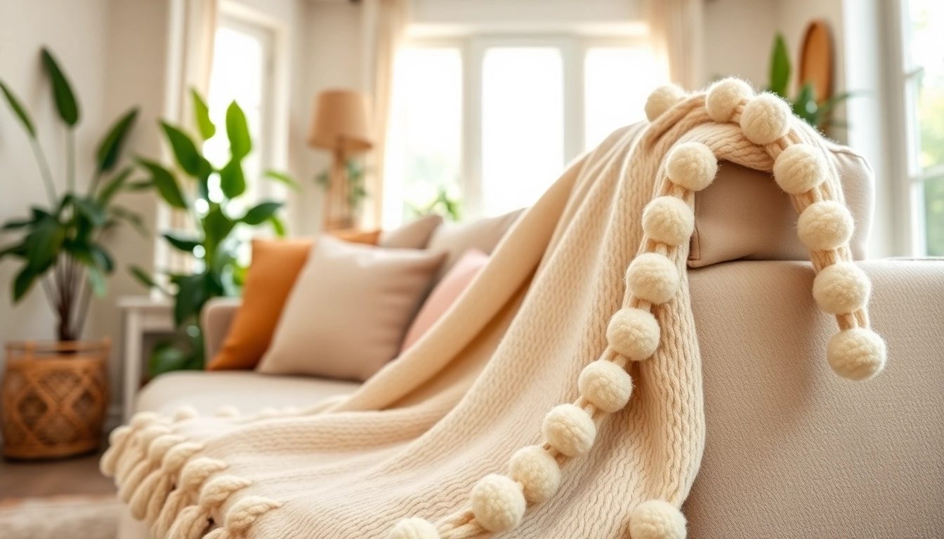 Cozy Moroccan Cotton Pompom Blankets enhancing the charm of a stylish living room setting.