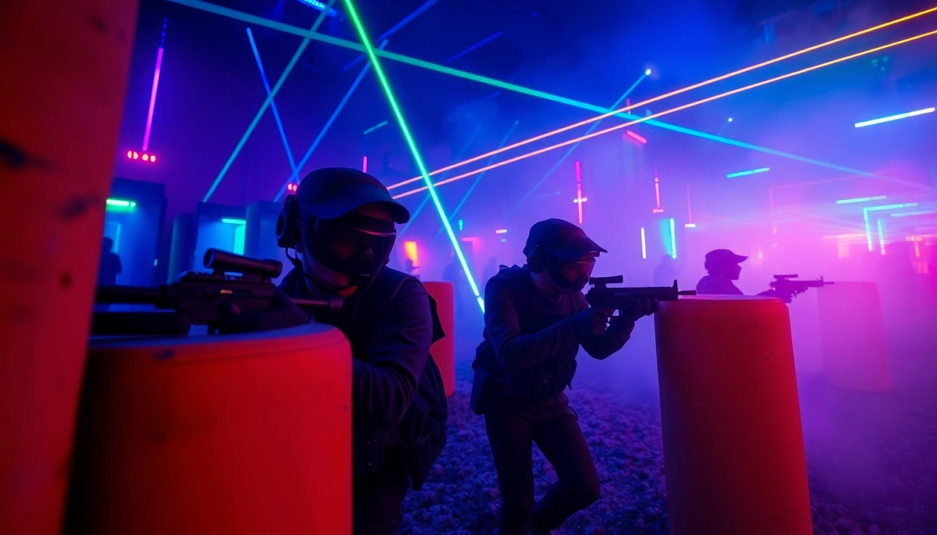 Engaged players in a thrilling laser tag match showcasing excitement and neon lights.