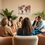 Facilitators and participants engaging in support while dealing with grief in a cozy room.