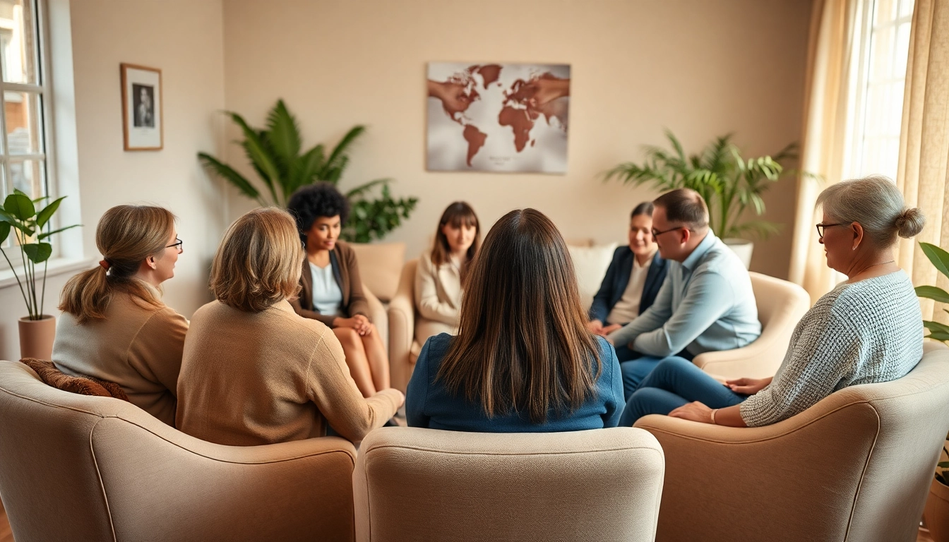 Facilitators and participants engaging in support while dealing with grief in a cozy room.