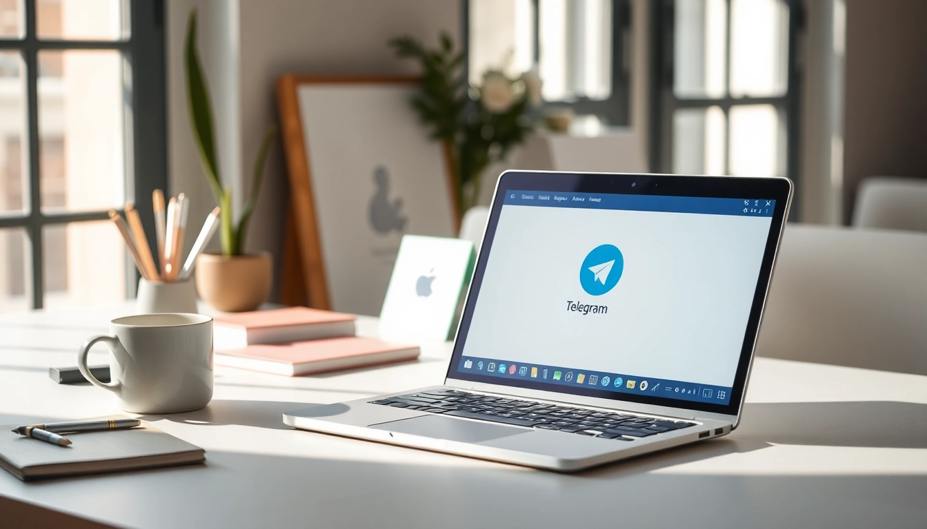 Download telegram下载电脑版 on a laptop, showcasing its interface in an inviting workspace.