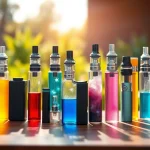 Showcasing various nicotine free vapes on a wooden table, highlighting their vibrant colors and details.