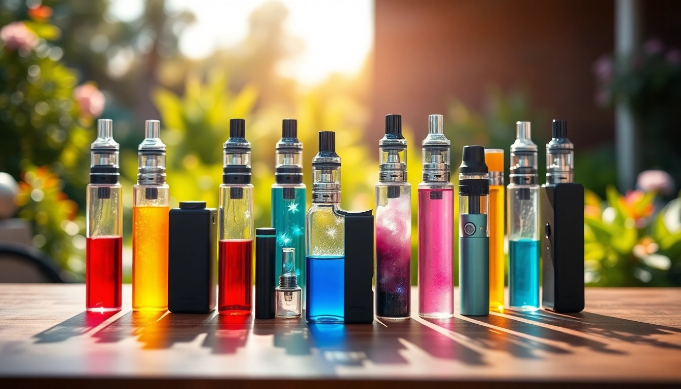 Showcasing various nicotine free vapes on a wooden table, highlighting their vibrant colors and details.